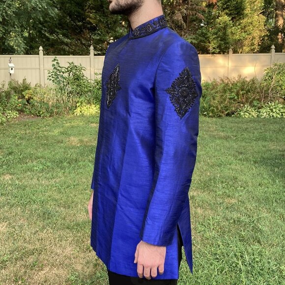 Custom Royal Blue Jacket Style Achkan / Sherwani, Hand Beaded Accents, Like New - Picture 3 of 15